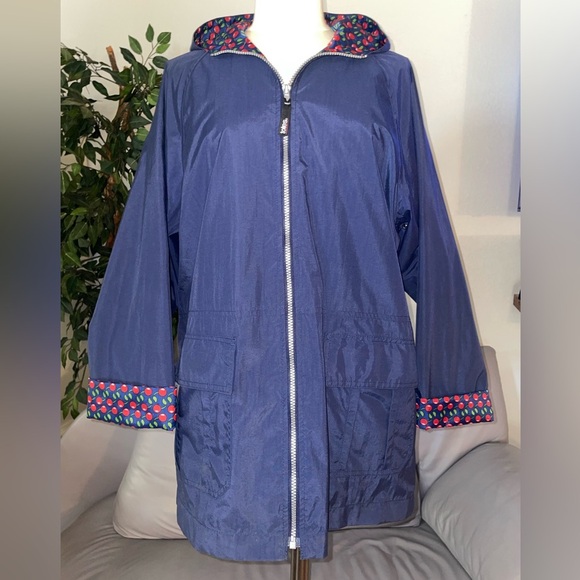 Totes women’s rain coat, size M, navy blue with cherry print - Picture 1 of 8